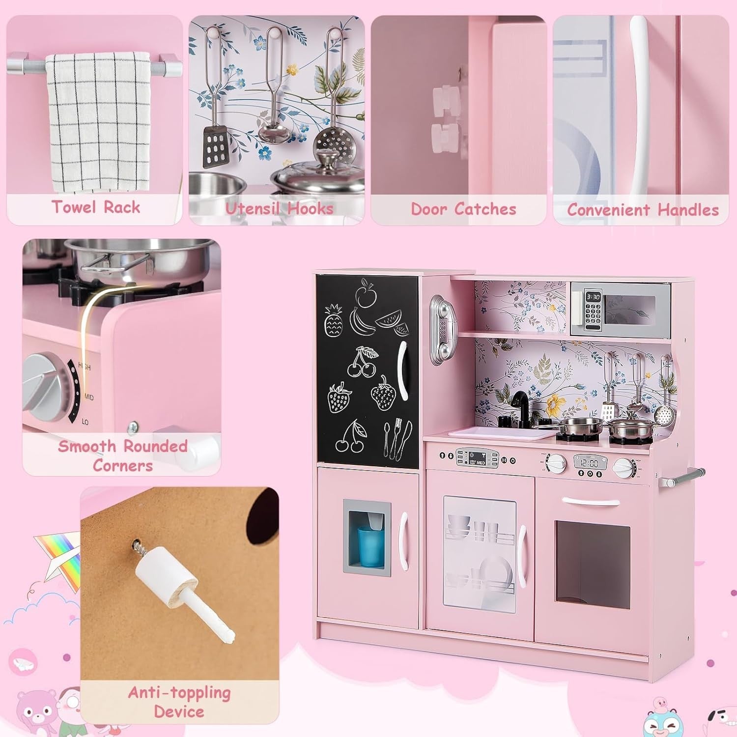 Kids Wooden Play Kitchen Pretend Cooking Set Microwave Ice Maker Pink