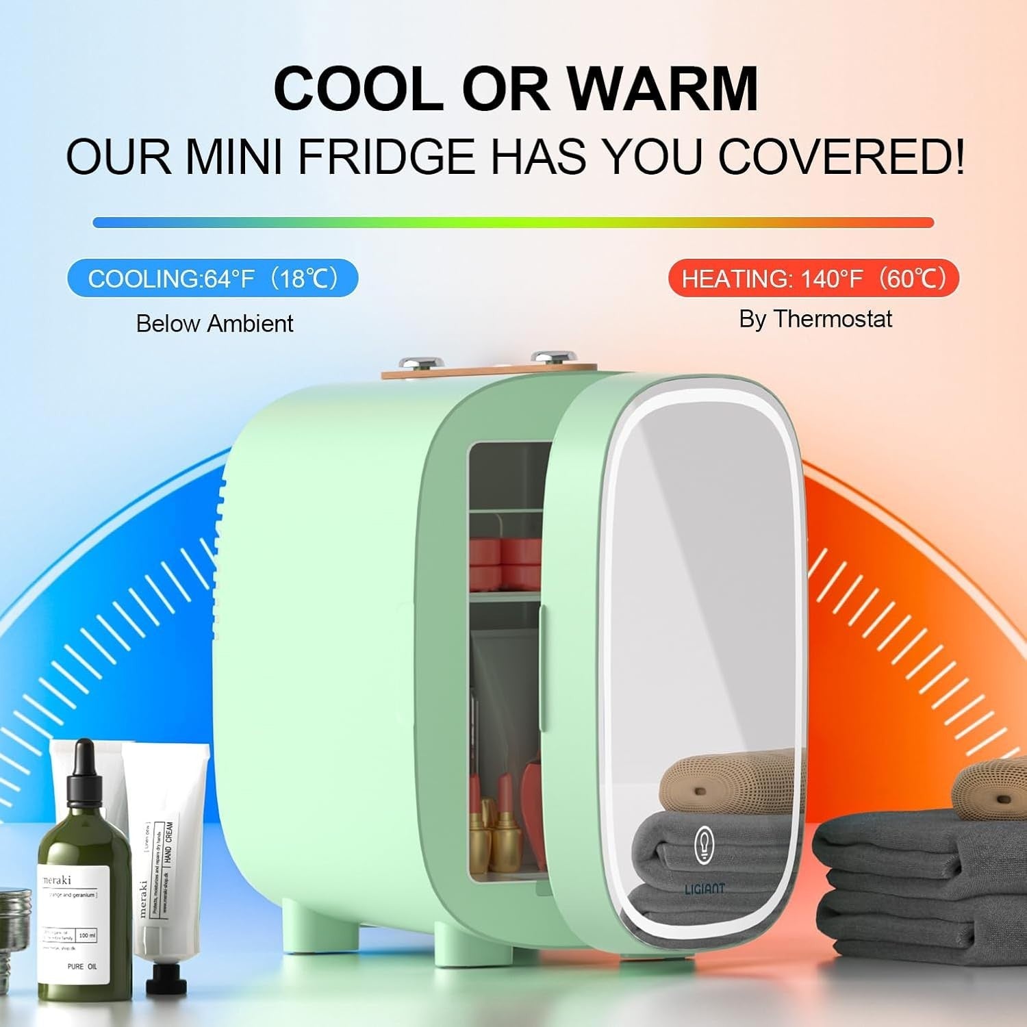 4L Skincare Mini Fridge Cooler & Warmer LED Mirror Portable Green