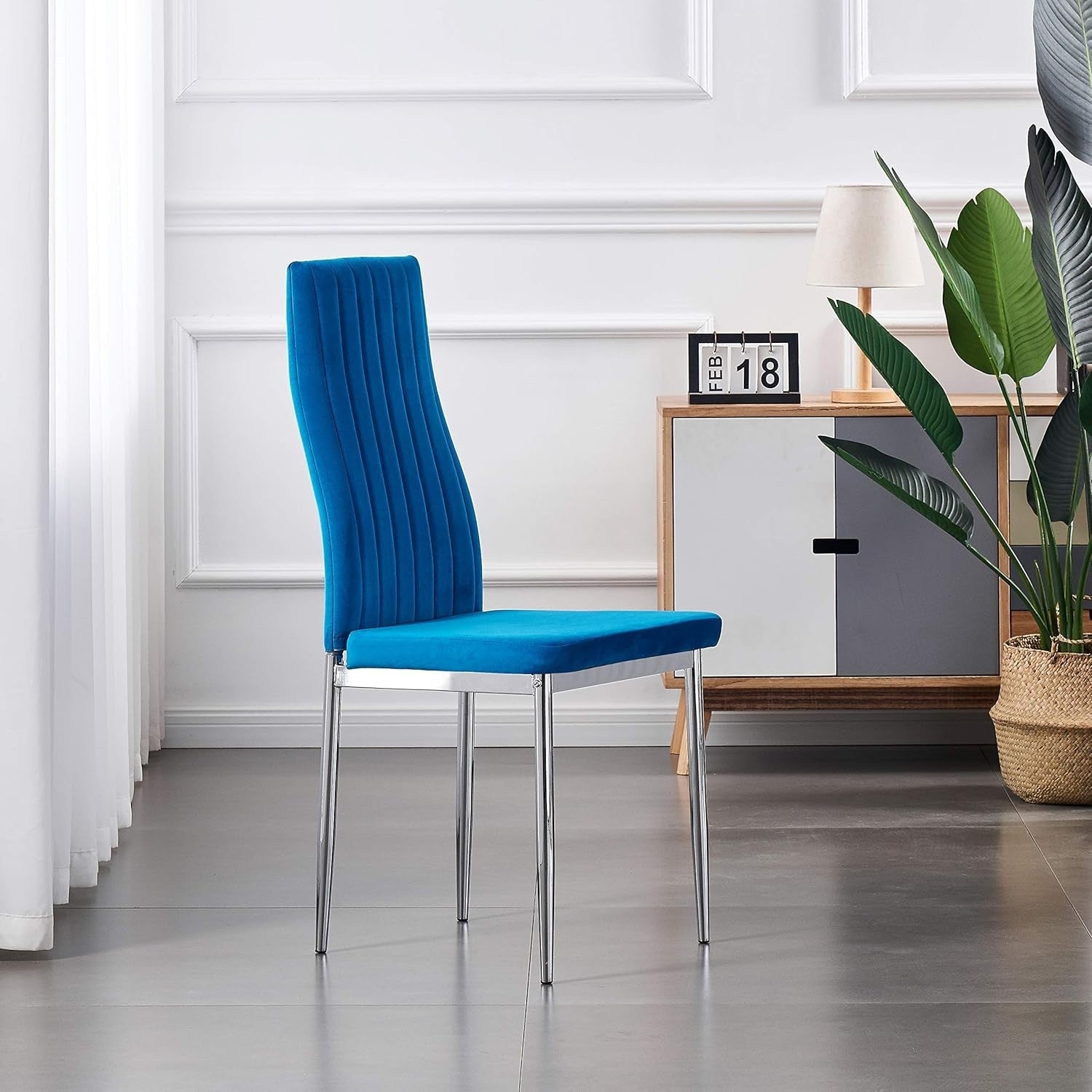 White Gloss Dining Table & 4 Blue Velvet Chairs Set Modern 4 Seater