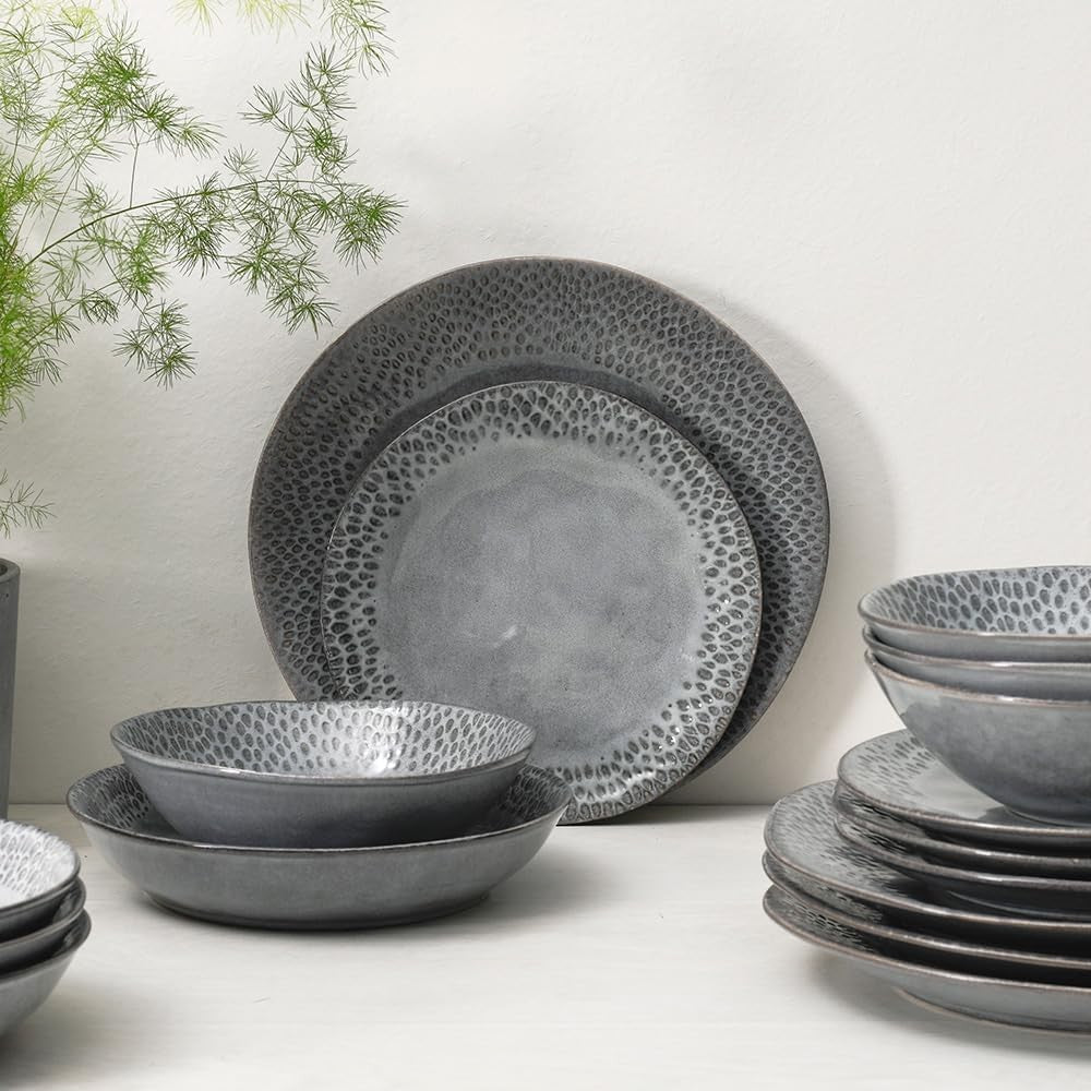 32pc Stoneware Dinner Set Charcoal Grey Teardrop Scandinavian Plates Bowls
