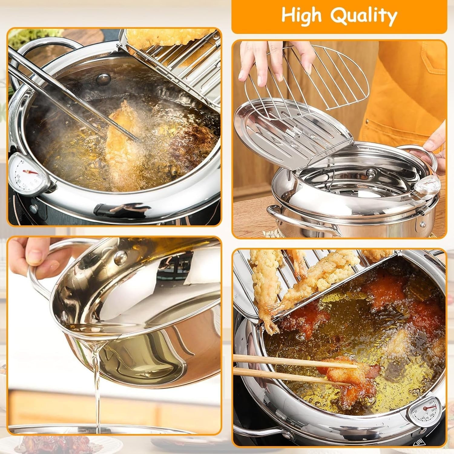 Stainless Steel Deep Fryer Pot 4.2L Temp Control Lid Oil Drain Rack