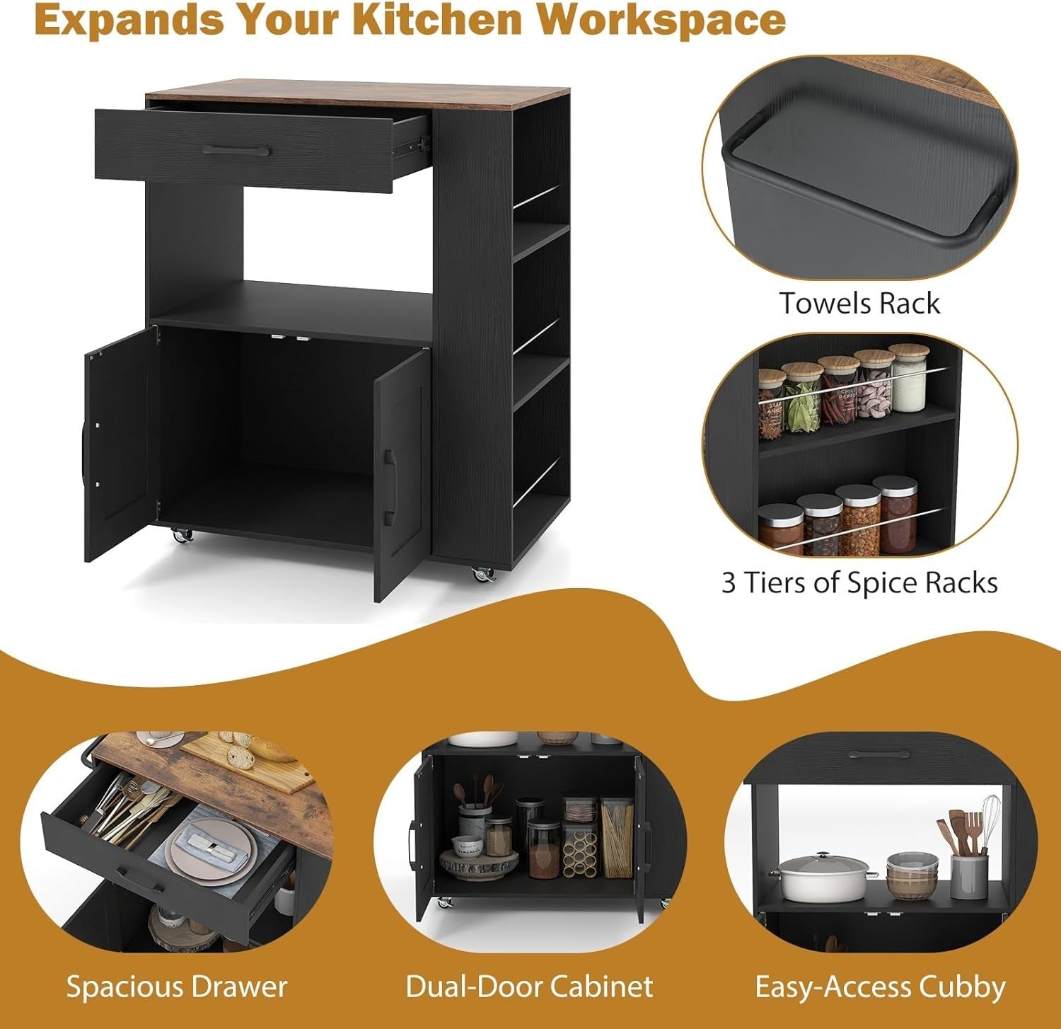 Kitchen Island Trolley Cabinet with Spice Rack Black