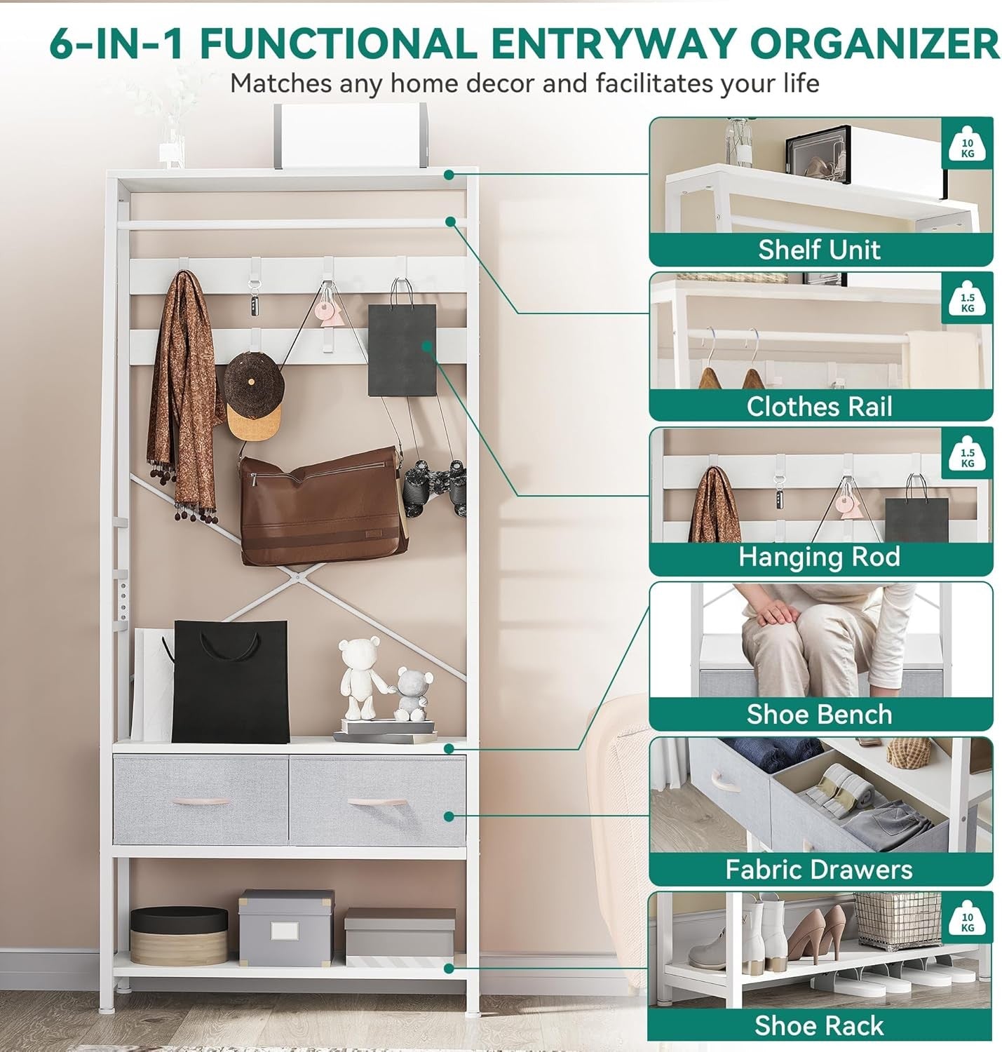 White Hall Tree Coat Rack with Bench | Metal Frame Shoe Storage & Drawers Stand