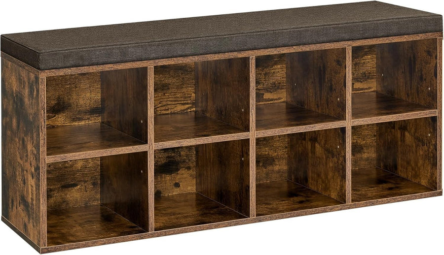 Rustic Brown Shoe Storage Bench with Cushion & Adjustable Shelves