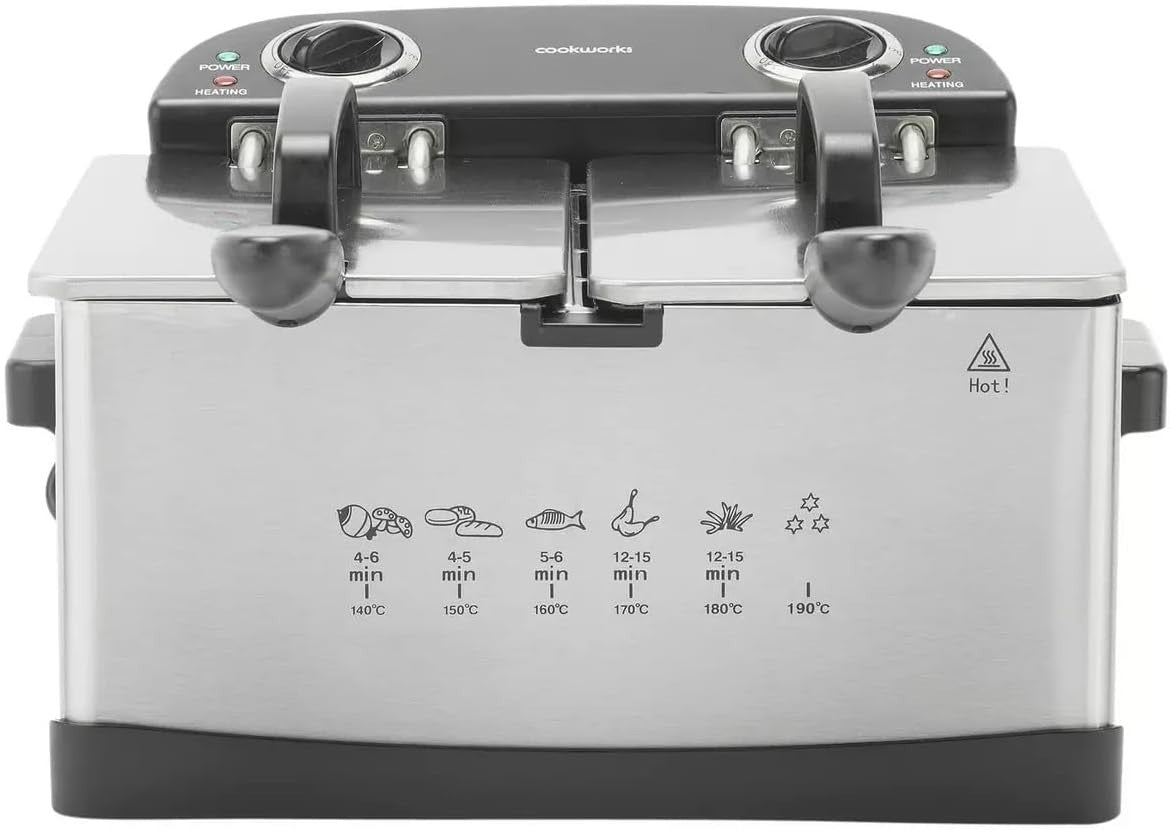 Twin Deep Fat Fryer 2400W Dual Compartment 5L Cool Zone Drain Basket