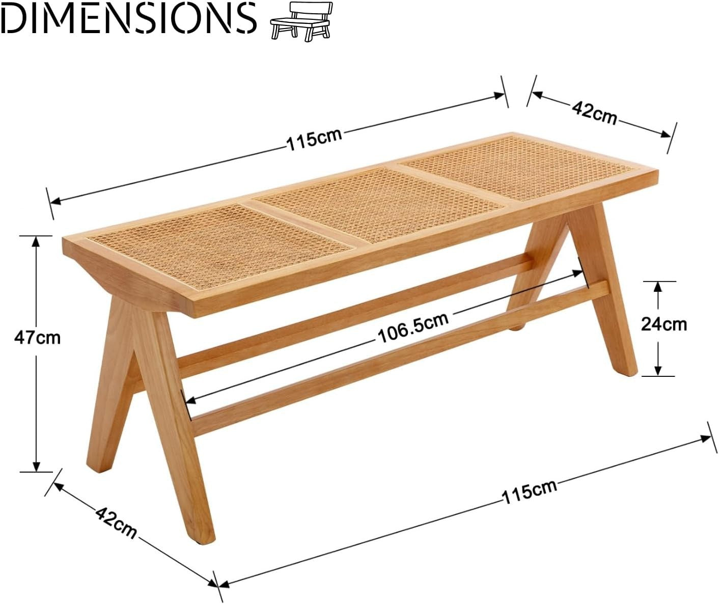 Rustic Wooden Rattan Bench Dining Entryway Ottoman Seat for Home Decor Yellow