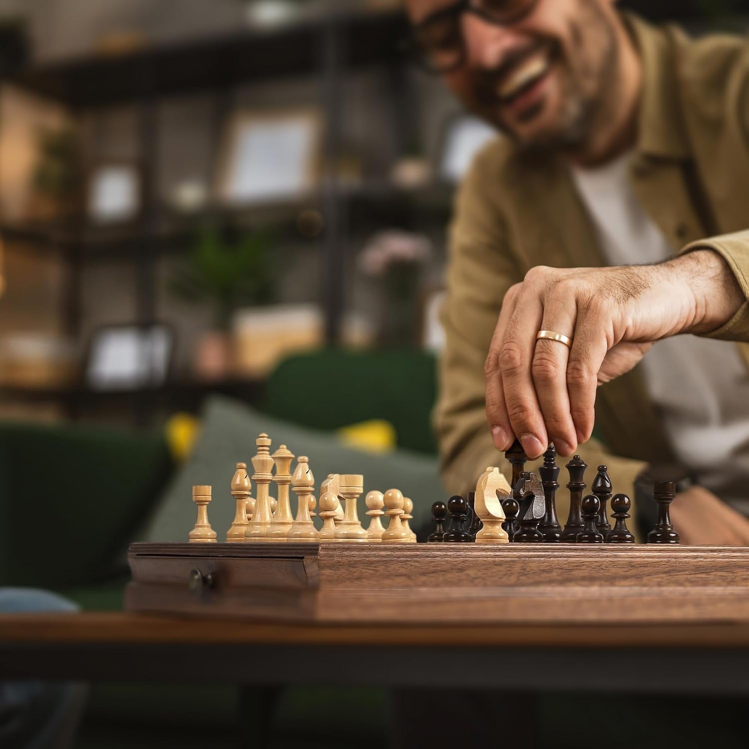 Premium Walnut Magnetic Chess Set 13” With Drawer, Staunton Pieces, 2-in-1 Board