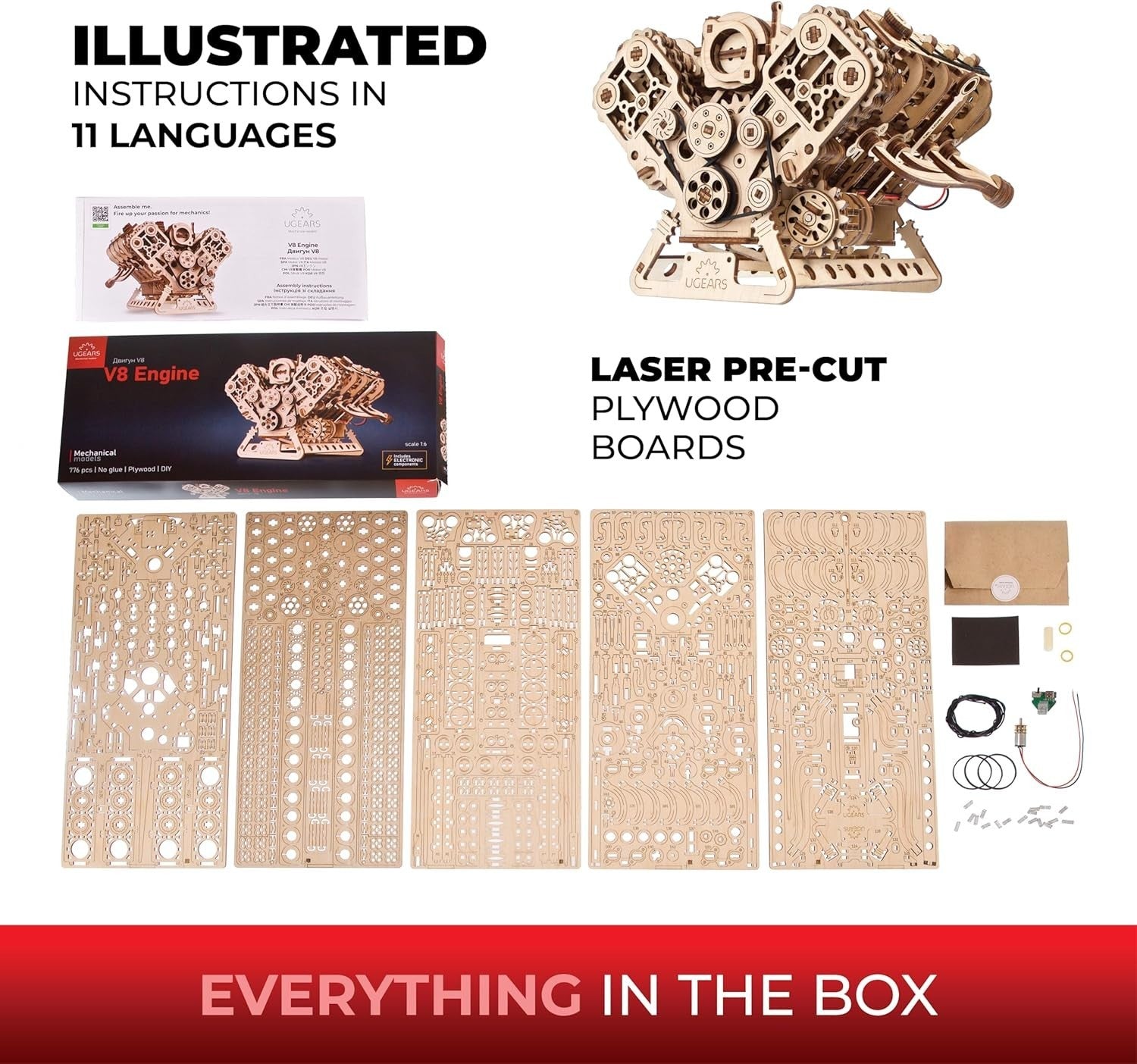 V8 Engine 3D Wooden Puzzle Mechanical Model Kit DIY Engineering Build