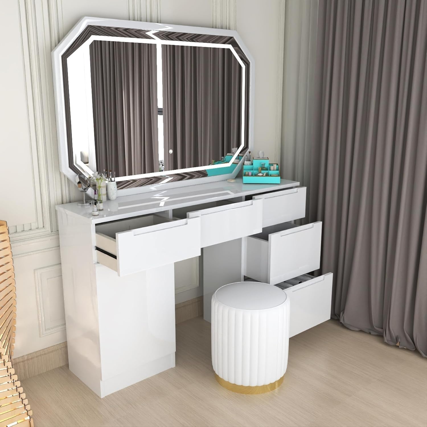 White LED Vanity Dresser Table Set 7 Drawer Makeup Mirror Stool Wood Storage