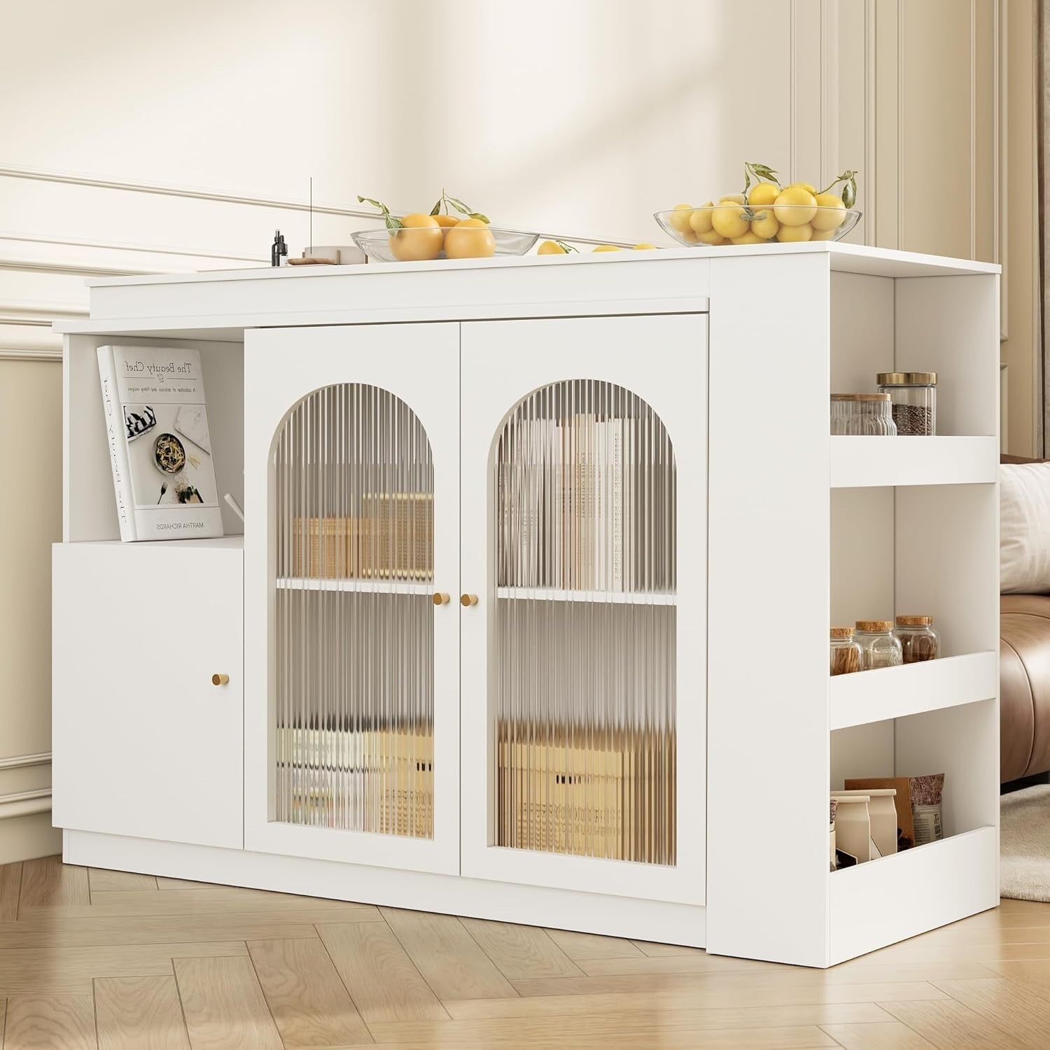360° Rotating Kitchen Island with Glass Doors & Multiple Storage Shelves White