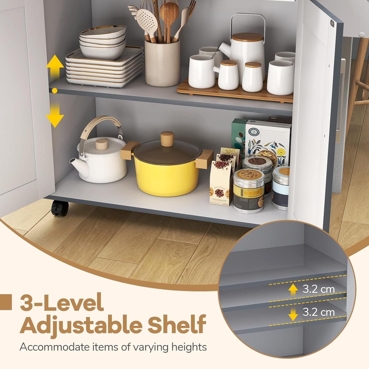 Large Kitchen Island Trolley Adjustable Shelf Drawer Grey