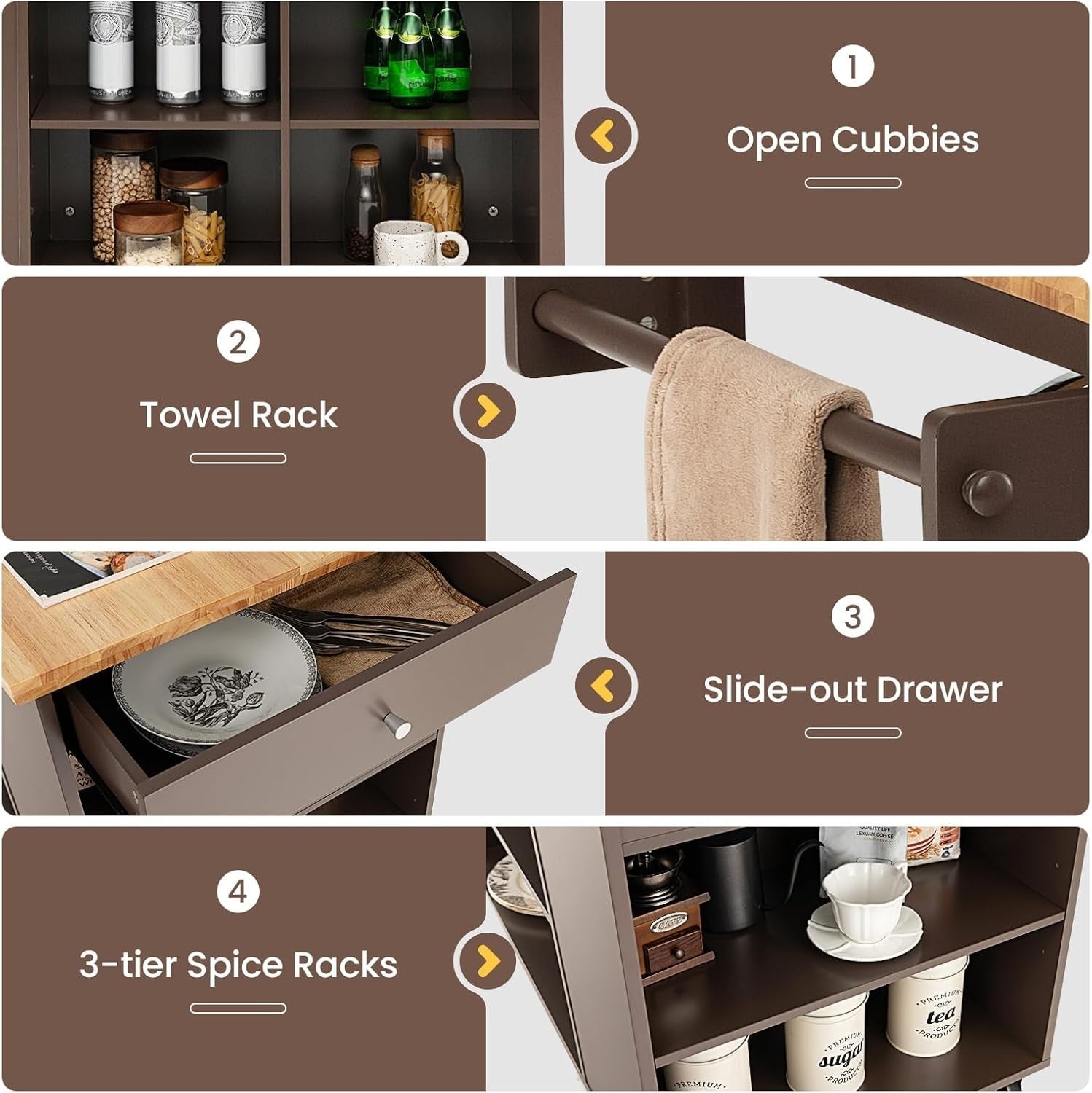 Rolling Kitchen Island Cart with Adjustable Shelves, Drawer & Rubberwood Top