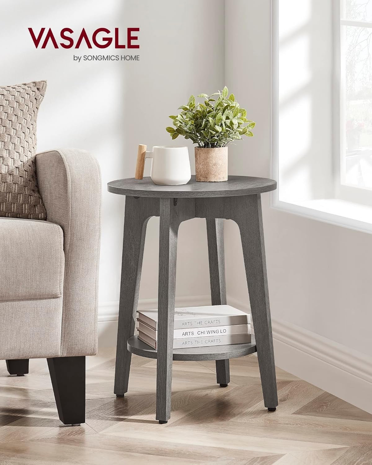 Smoky Grey Round Side Table with Lower Shelf, Modern Small End Table