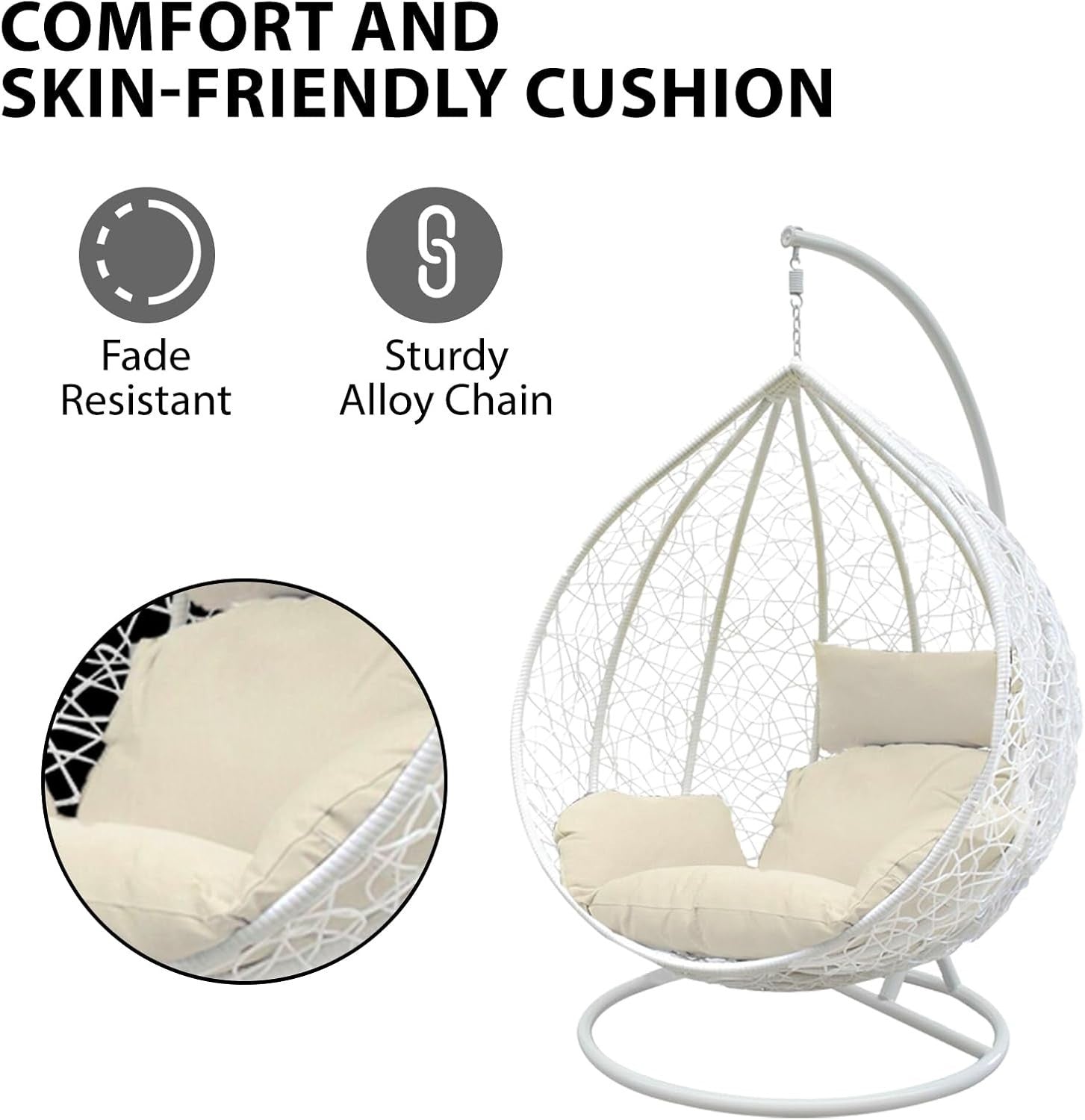 White Rattan Hanging Egg Chair with Stand & Cushion for Indoor Outdoor