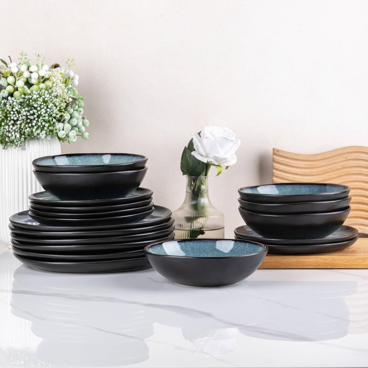 12pc Stoneware Dinnerware Set Reactive Blue Plates Bowls Dishwasher Safe