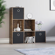 6 Cube Dark Wood Staircase Storage Shelf with 3 Black Baskets – Sturdy Organiser