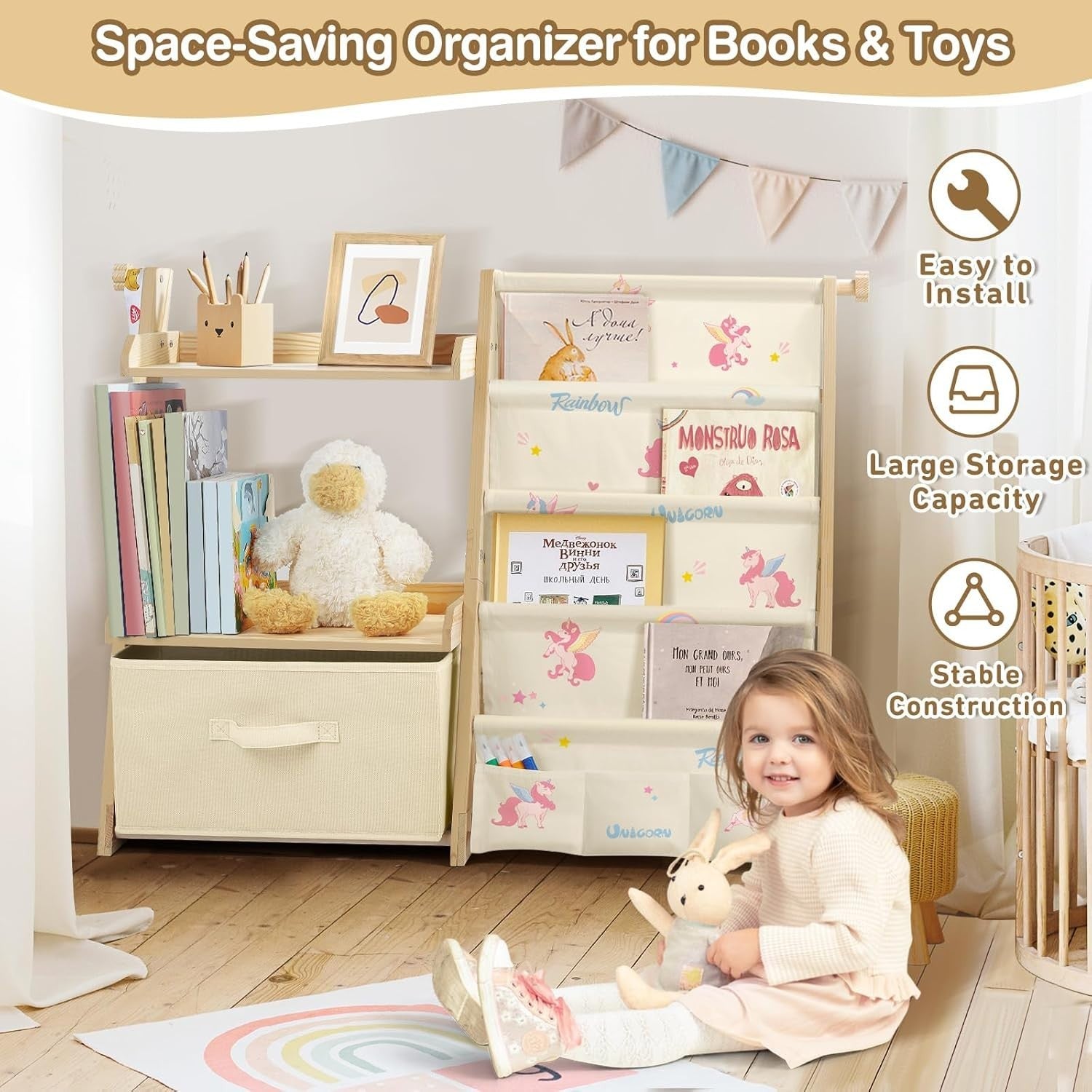 Unicorn Kids Bookcase & Toy Storage – 4-Tier Montessori Organizer Shelf