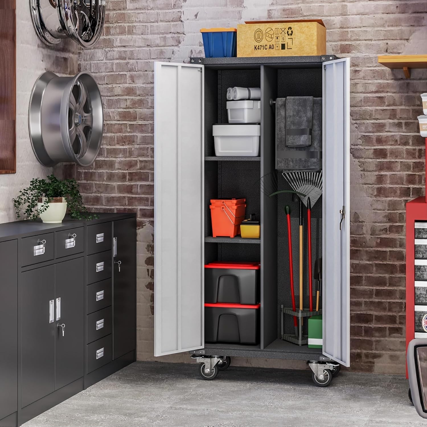 Tall Metal Storage Cabinet 180cm Lockable Doors Shelves Wheels Broom Closet