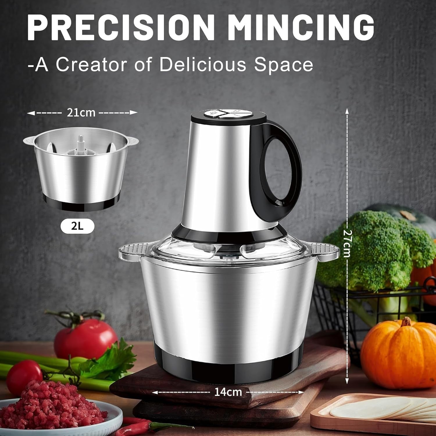 600W Electric Food Chopper Meat Grinder 2L Stainless Steel Bowl 3 Speed