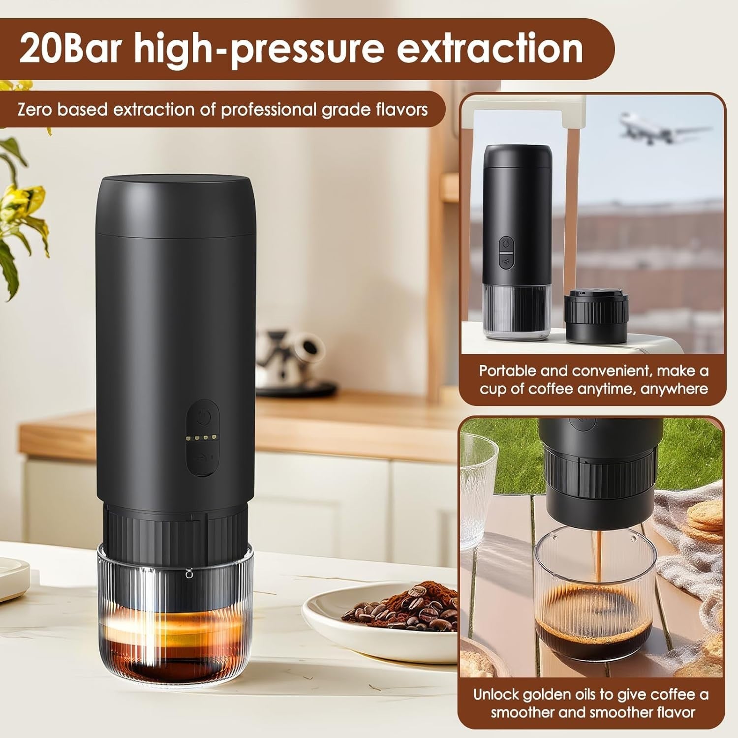 Portable Electric Espresso Maker | USB-C Rechargeable Travel Coffee Machine Blk