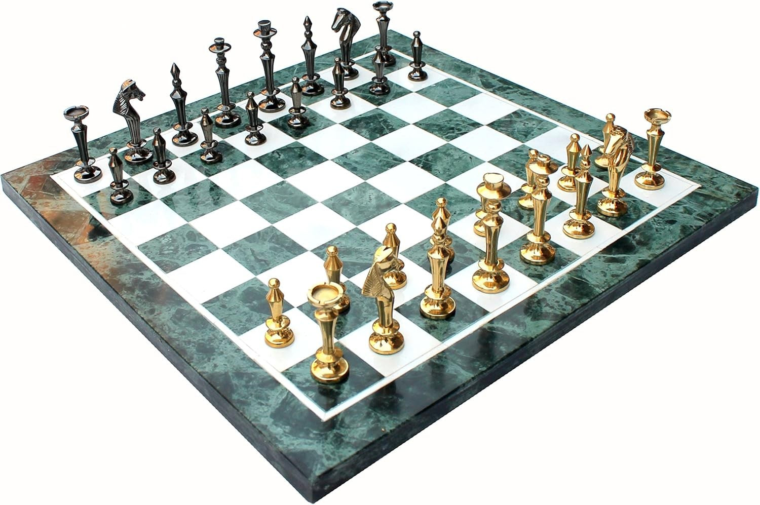 15" Green Marble Chess Set | Handcrafted Stone Board & Brass Pieces | Luxury Gif