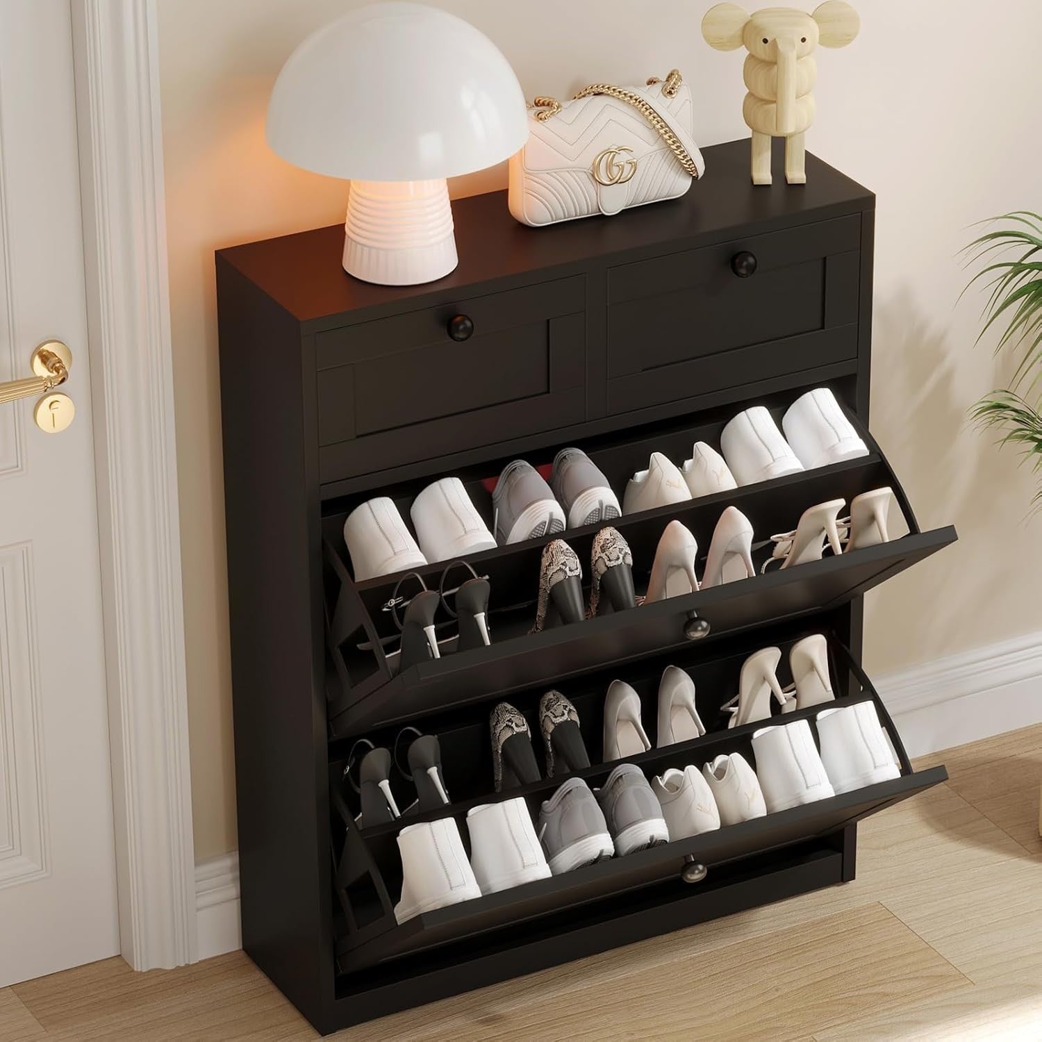 Slim Black Shoe Cabinet with 2 Flip Drawers & Adjustable Shelves Storage
