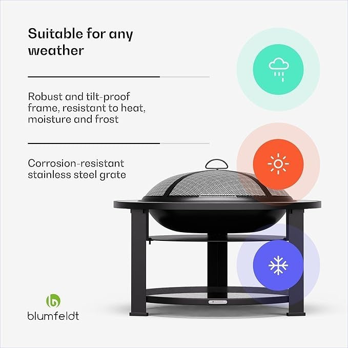 3-in-1 Fire Pit BBQ Table Outdoor Round Terrazzo Top Durable Steel Frame