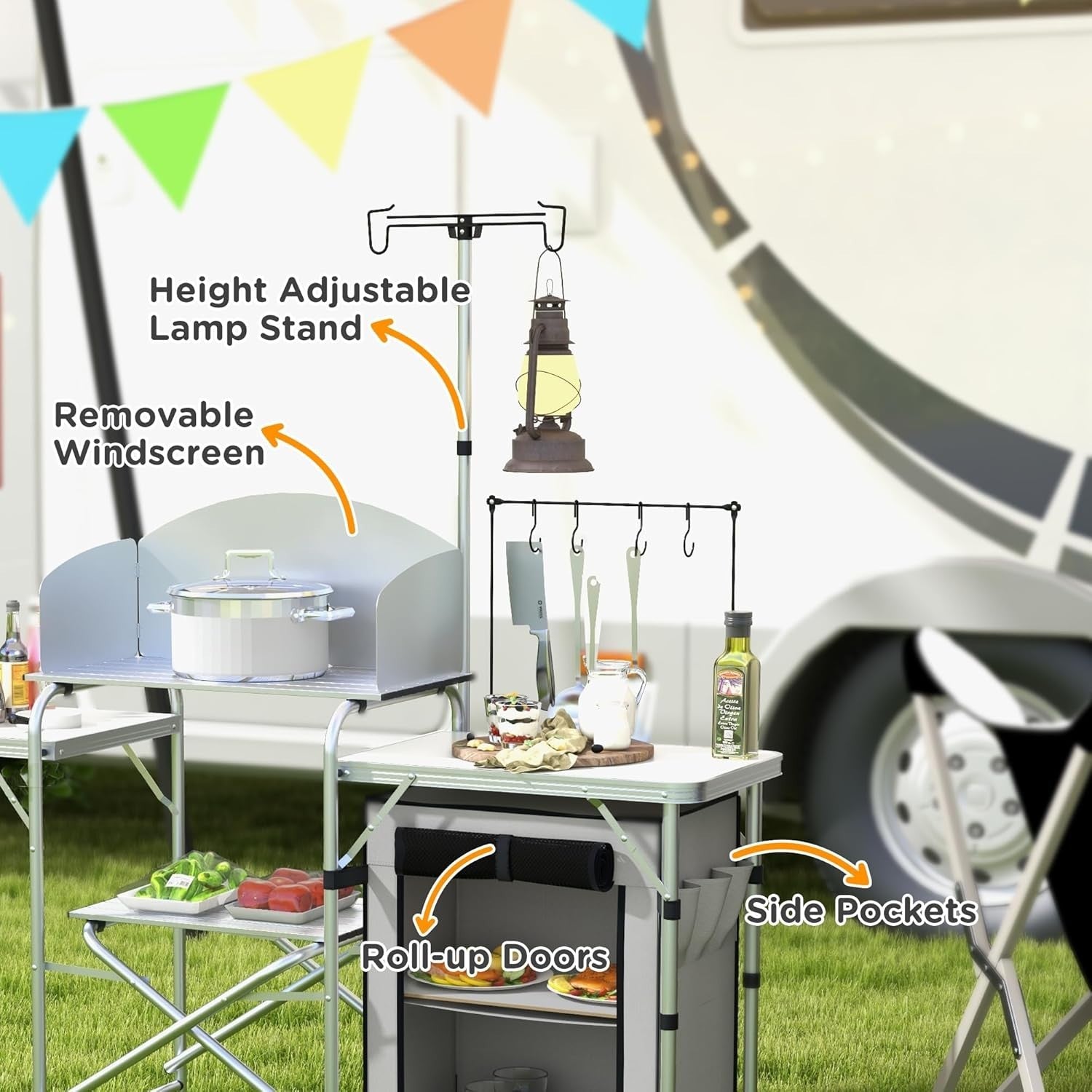 Folding Camping Kitchen Table with Windshield Cupboard Sink BBQ Light