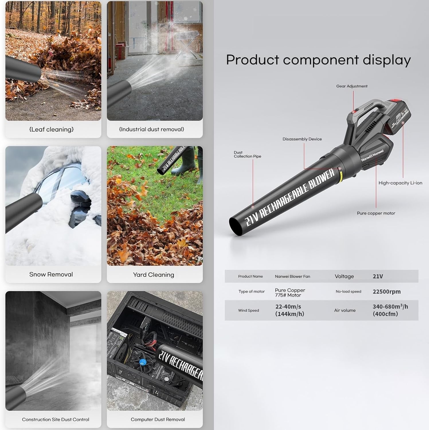 21V Cordless Leaf Blower Vacuum 7.5Ah Adjustable Speed Lightweight Garden