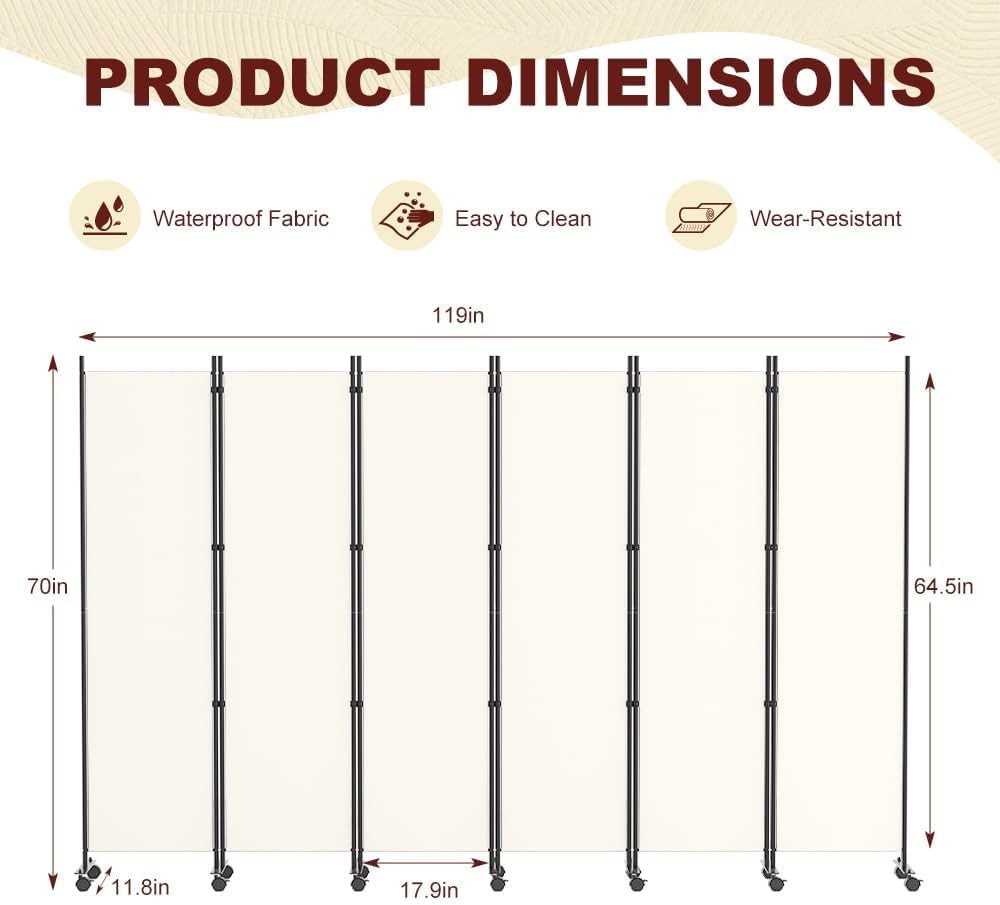 6 Panel Room Divider Folding Privacy Screen with Lockable Wheels – Large Beige P