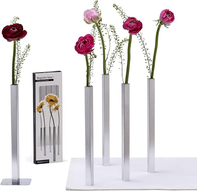 Magnetic Flower Vase Set Modern Silver Metal Bud Vases Minimal Decor
