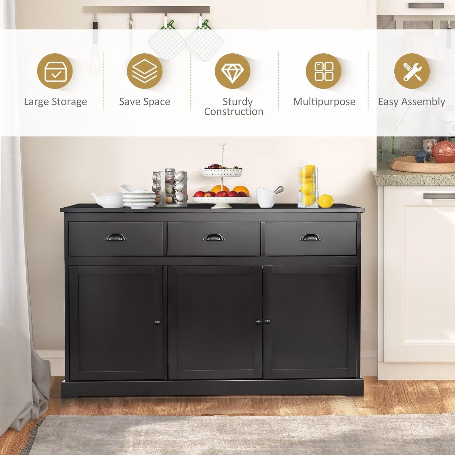 Dark Brown Large Sideboard Buffet Cabinet with 3 Drawers & Adjustable Shelves