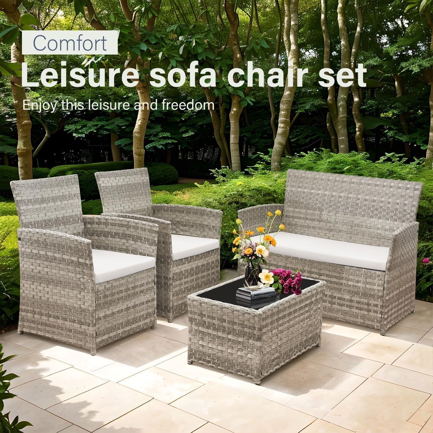 4-Piece Grey Rattan Garden Patio Set | Outdoor Loveseat & Chairs with Table