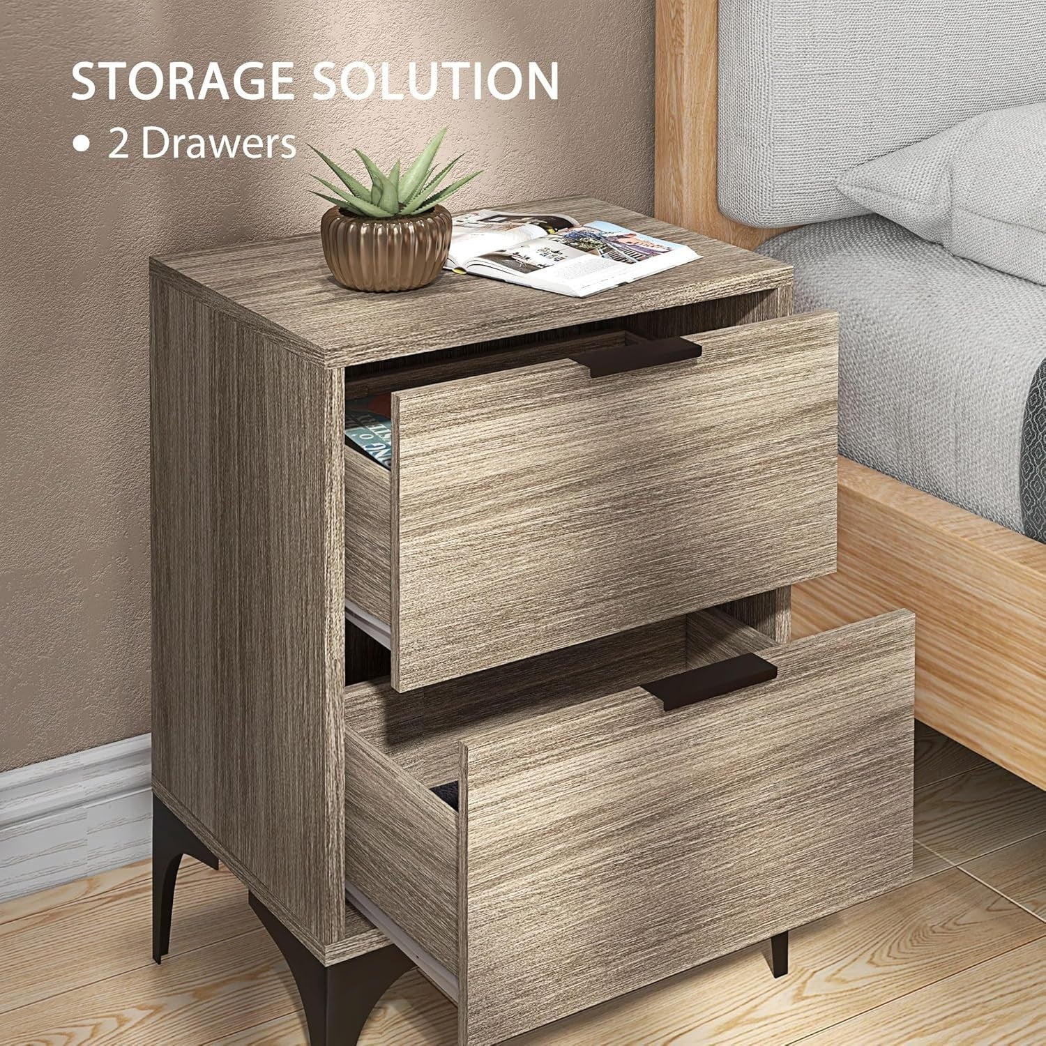 Set of 2 Modern Bedside Tables with 2 Drawers Grey Wood & Black Steel Legs