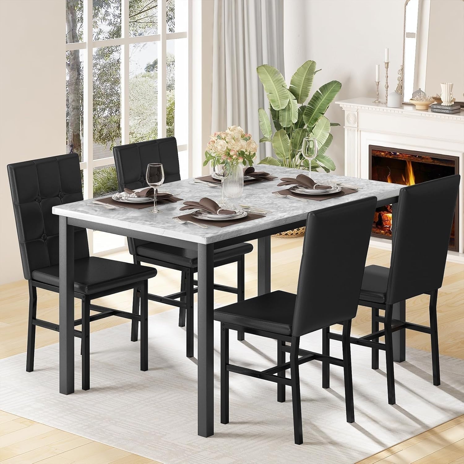 Faux Marble Dining Table & 4 Black PU Leather Chairs Set for Small Rooms