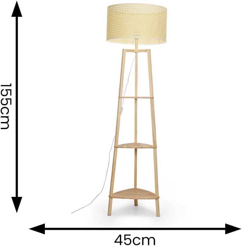 Wooden Floor Lamp with Shelves Rattan Shade Storage Stand Light Tall