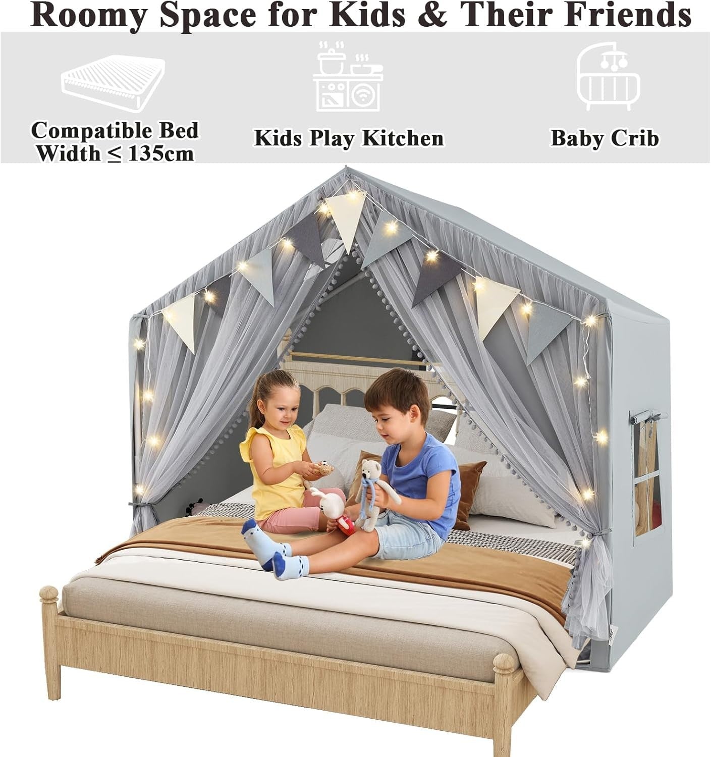 Grey Kids Fairy Play Tent Indoor Playhouse w Lights Mat Curtains
