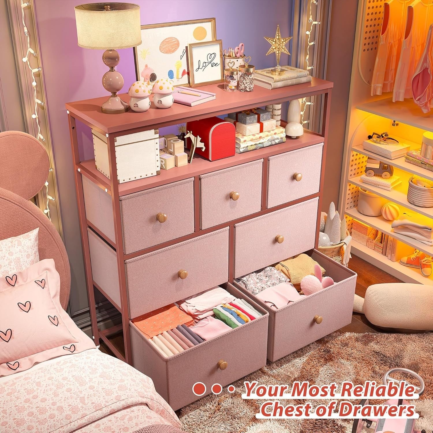 Tall Pink Chest of Drawers Fabric Storage Unit 7 Drawer Bedroom Organiser