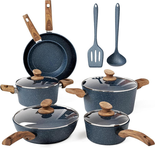 12pc Blue Non Stick Cookware Set Induction Ready Pots Pans with Lids & Utensils