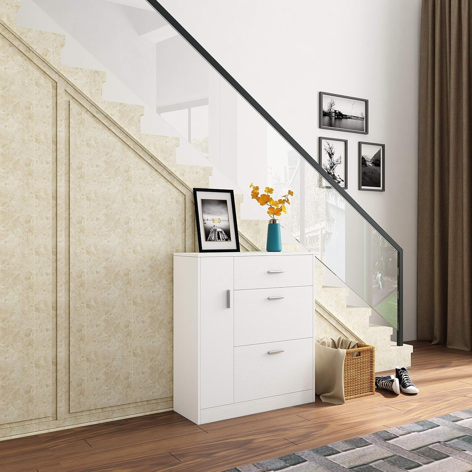 Modern White Shoe Cabinet with Drawer & 18-Pair Pull-Down Storage Rack