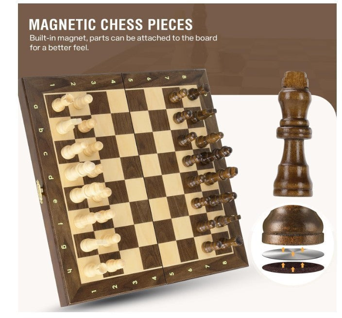 Luxury Wooden Magnetic Chess Set | 30x30cm Folding Board with Extra Queens