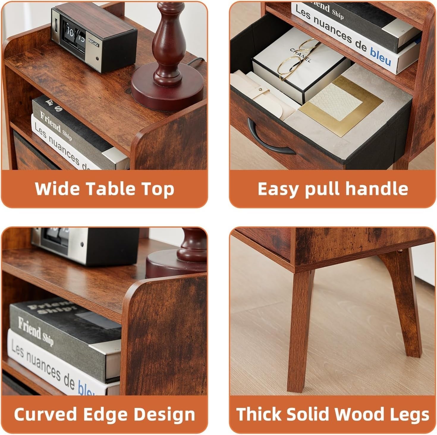 Mid Century Modern Bedside Table, Wooden Nightstand with Drawer & Open Shelf