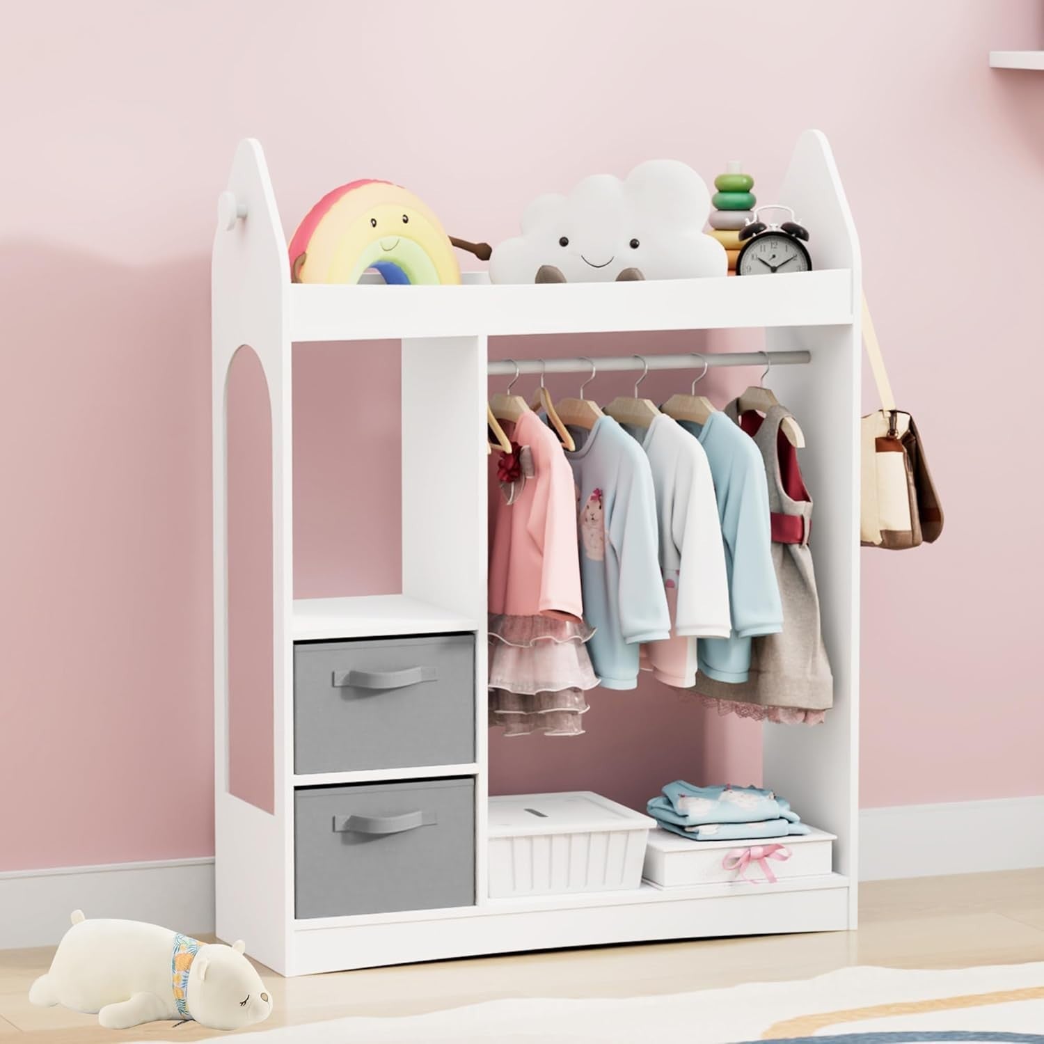 Kids Wardrobe with Mirror, Hanging Rail & 2 Drawers, White Rocket Design