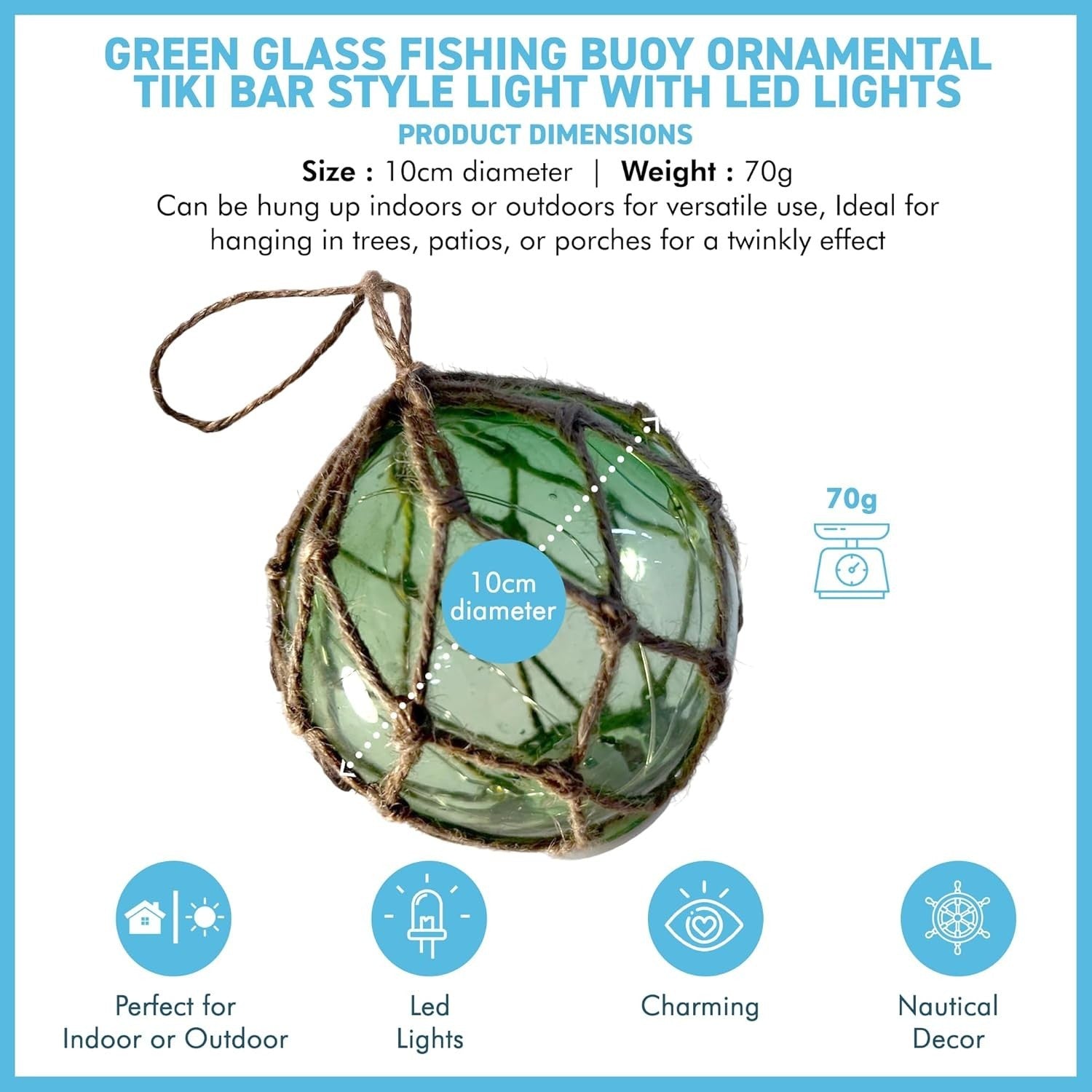 Green Glass Fishing Buoy LED Light Nautical Decor Hanging Tiki Bar Ornament 10cm