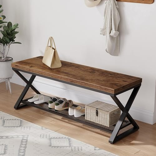 Rustic Brown Industrial Entryway Storage Bench Metal Frame Shoe Rack Seat