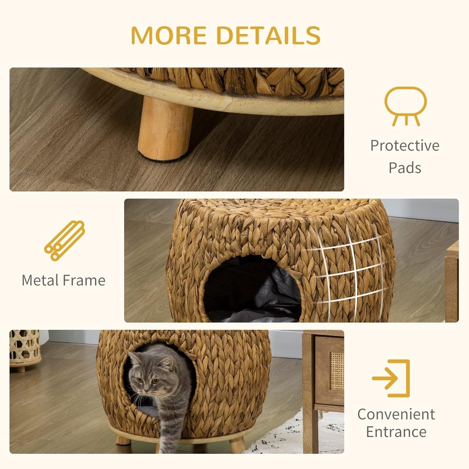 Wicker Cat House Stool Elevated Rattan Pet Bed w Washable Cushion