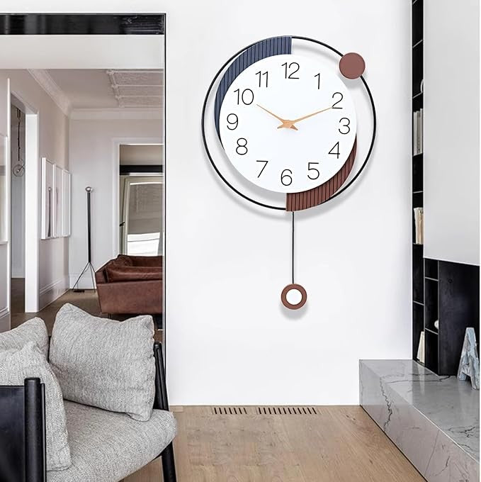 Modern 20×13in Silent Pendulum Wall Clock Brown Metal Art Decor for Home