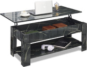 High Gloss Lift Top Coffee Table with Storage Black Marble 120cm Modern