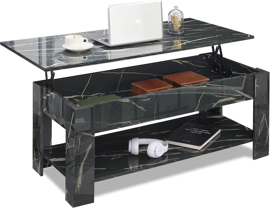 High Gloss Lift Top Coffee Table with Storage Black Marble 120cm Modern