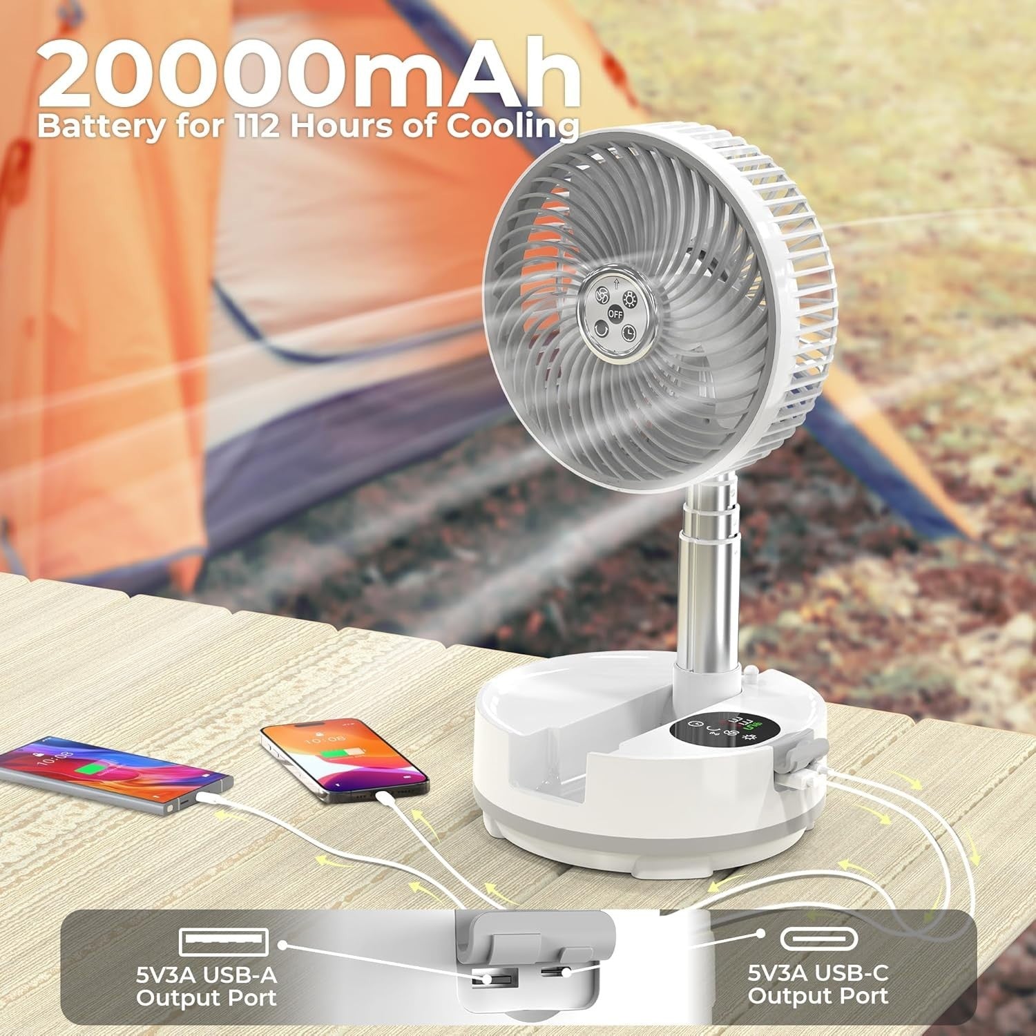 White Camping Fan – 20000mAh Rechargeable 8" Table Fan w/ Light, Timer & Remote